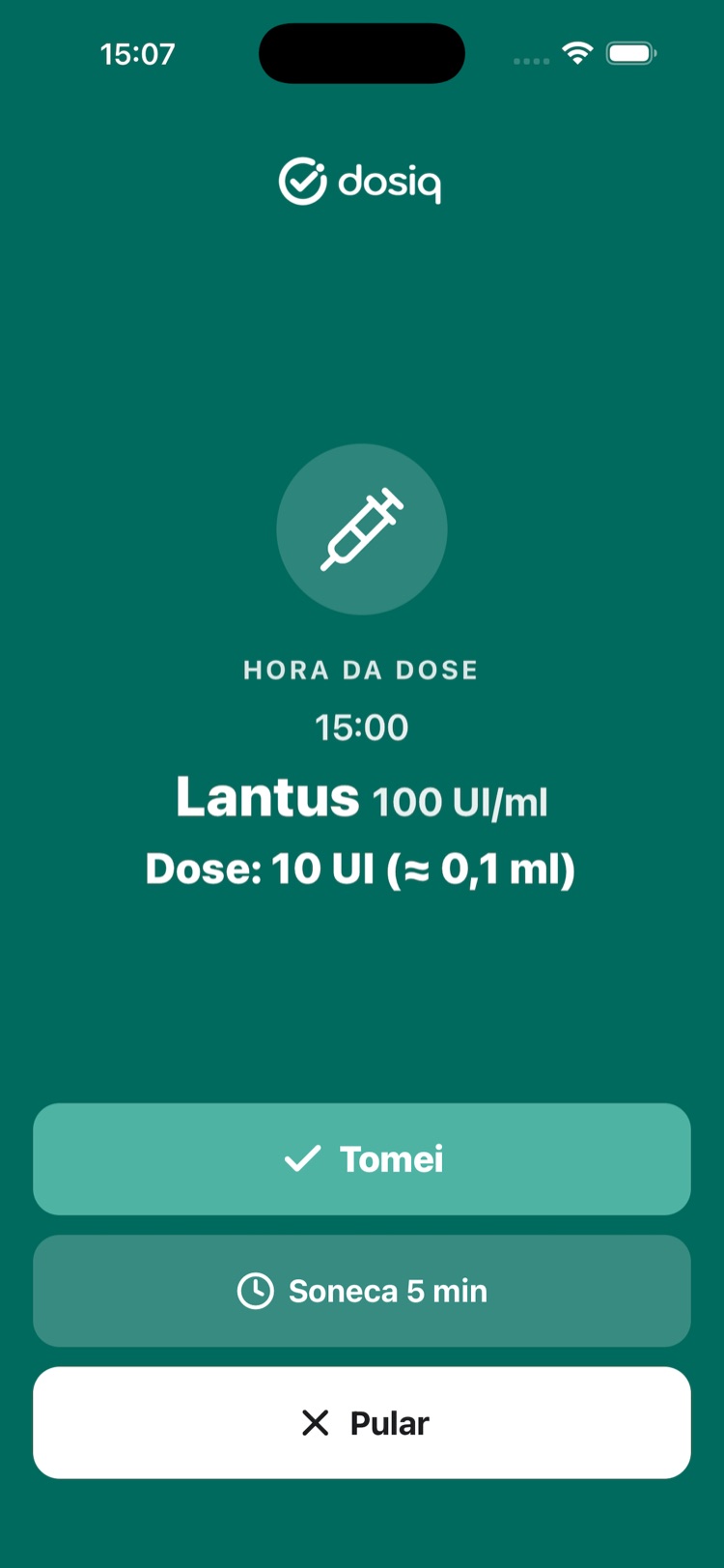 Alarme prioritário do dosiq tocando com botões de confirmar e adiar