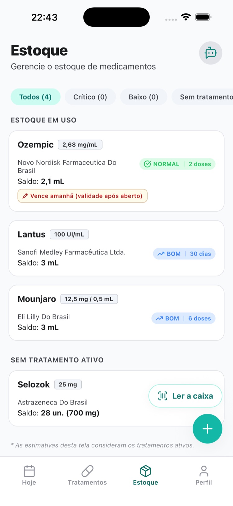 Tela do dosiq mostrando contagem de dias restantes da caneta em uso