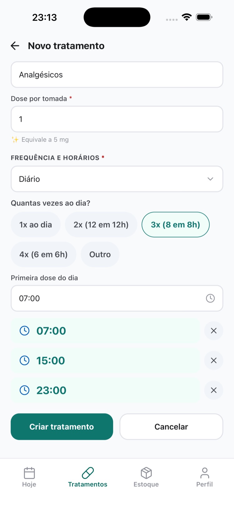 Tela do dosiq organizando grade de horários de medicamentos