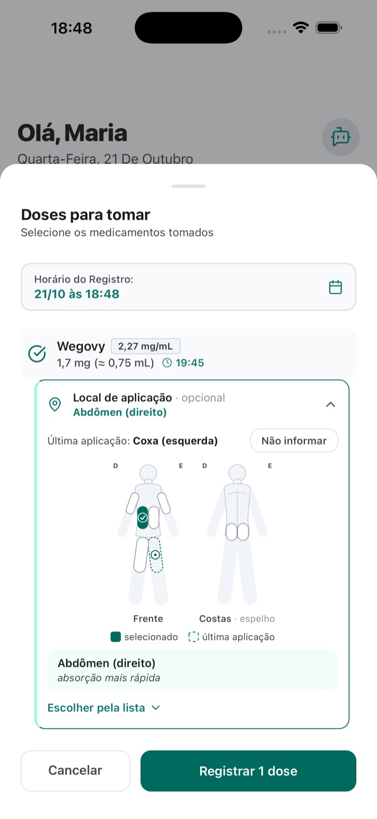 Tela do dosiq com mapa corporal frente e costas para rodízio de aplicação