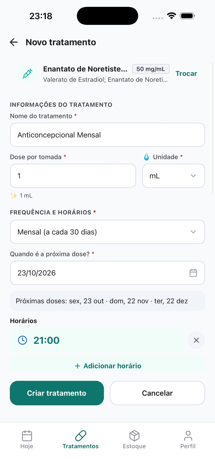 Tela do dosiq com tratamento de cadência a cada 30 dias e próximas datas